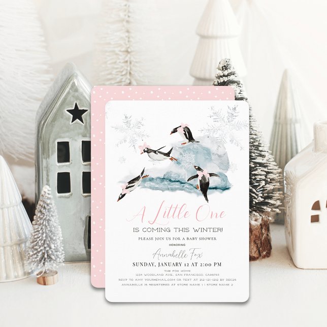 Penguins Winter Snowflake Rosa Girl Baby Shower Inbjudningar (Skapare uppladdad)