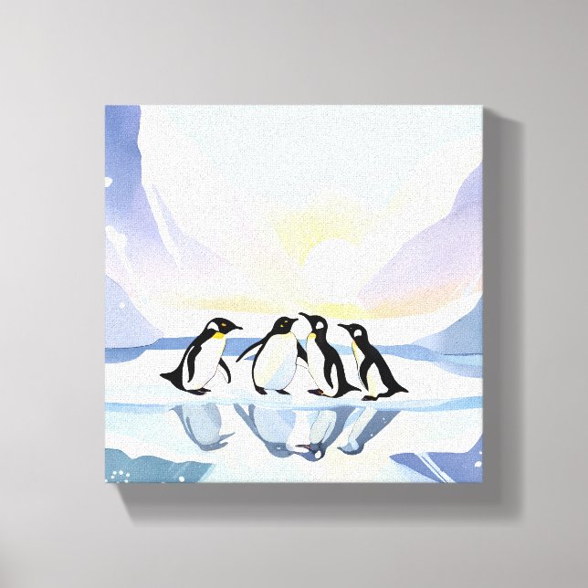 Penguins Winter Watercolor | Snö och Ice Cute Canvastryck (Framsida)