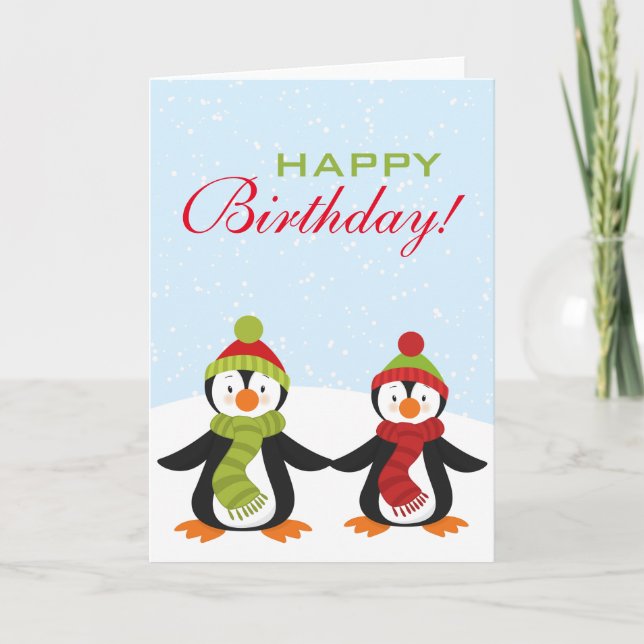 Penguins Winter Wonderland Birthday Greeting Card Kort (Framsida)