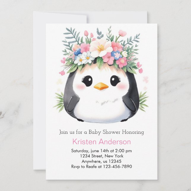 Penguins Wonderland Girl Rosa Baby Shower Inbjudningar (Framsida)