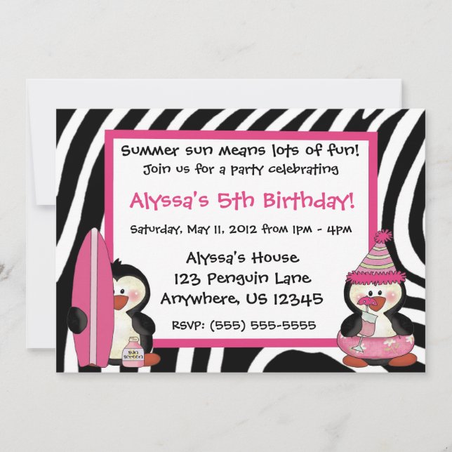 Penguins Zebra tryck Girls födelsedagsinbjudan Inbjudningar (Framsida)