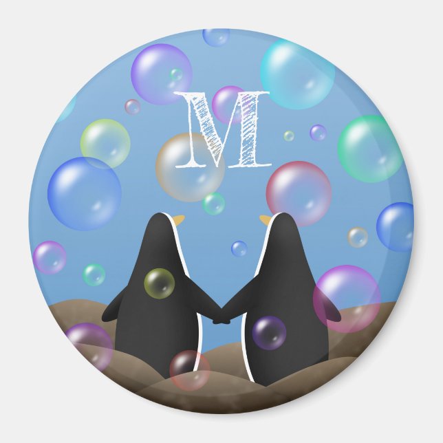 penguinvänner som ser på bubblor i monogrammet magnet (Framsidan)