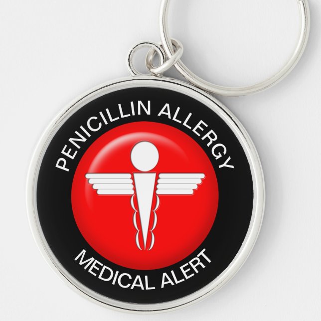 Penicillin Allergy Medical Alert - Button Keychain Rund Silverfärgad Nyckelring (Framsidan)
