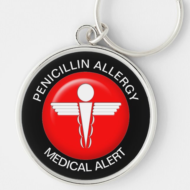 Penicillin Allergy Medical Alert - Button Keychain Rund Silverfärgad Nyckelring (Framsidan)