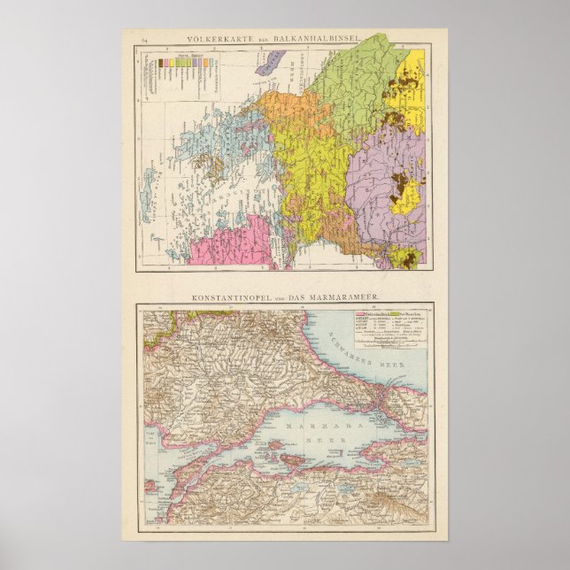 Peninsulan på Balkan och Konstantinopel Karta Poster (Framsidan)