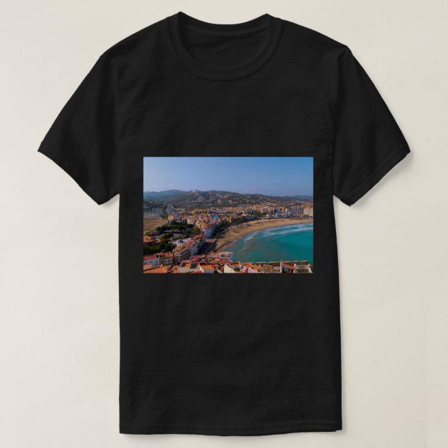 Peniscola Spain Norte och Sur Beeach med stads- oc T Shirt (Design framsida)
