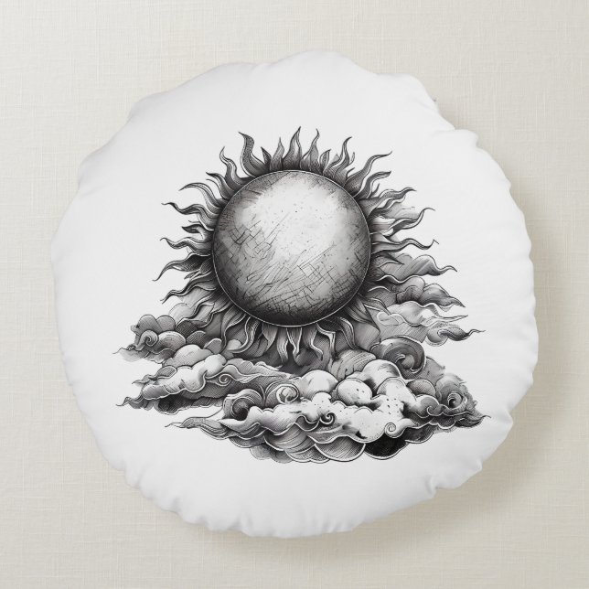 Pennskiss Stil, sol och Måne Rund Kudde (Baksidan)