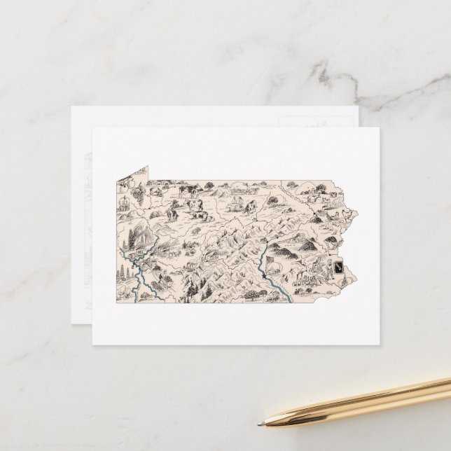 Pennsylvania Antik Kartbild Antik Karta Vykort (Fram/Back In Situ)