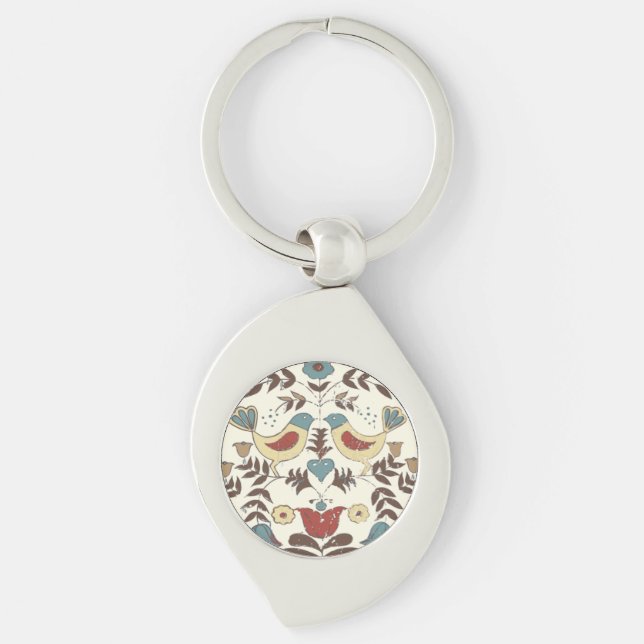 Pennsylvania Dutch Amish Hex Sign Bird Americana Swirl Silverfärgad Nyckelring (Framsidan)