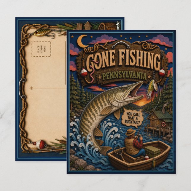 Pennsylvania Gone Fishing Muskellunge Vykort (Fram/baksida)