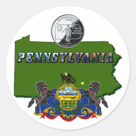 Pennsylvania Karta, kvartal, Flagga och Bild Runt Klistermärke