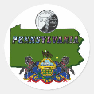 Pennsylvania Karta, kvartal, Flagga och Bild Runt Klistermärke