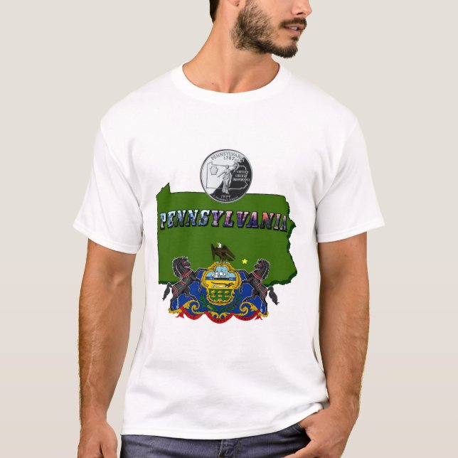 Pennsylvania Karta, kvartal, Flagga och Bild Tee (Framsida)