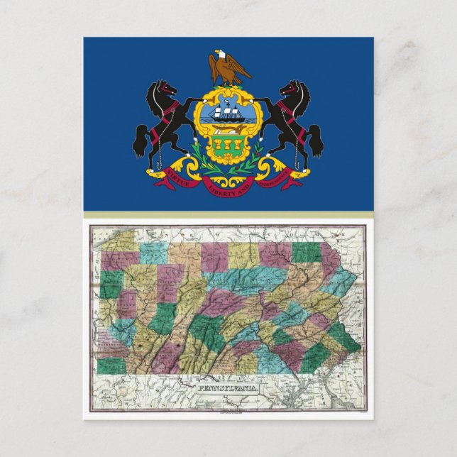 Pennsylvania Karta och Statlig flagga Vykort (Framsida)