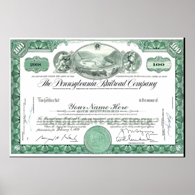 Pennsylvania Railroad ANPASSNINGSBAR Lagrar certif Poster (Framsidan)
