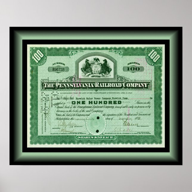 Pennsylvania Railroad Company ~ Lagrar certifikat Poster (Framsidan)