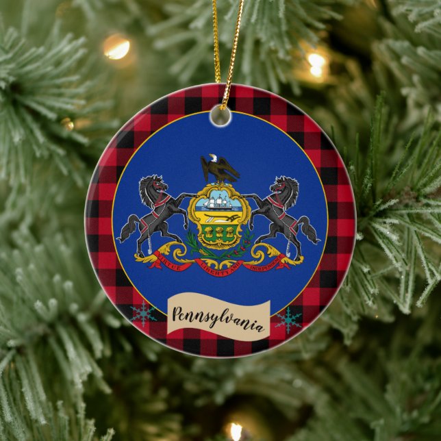 Pennsylvania, Red buffalo plaid, Pennsylvania Flag Julgransprydnad Keramik (Träd)
