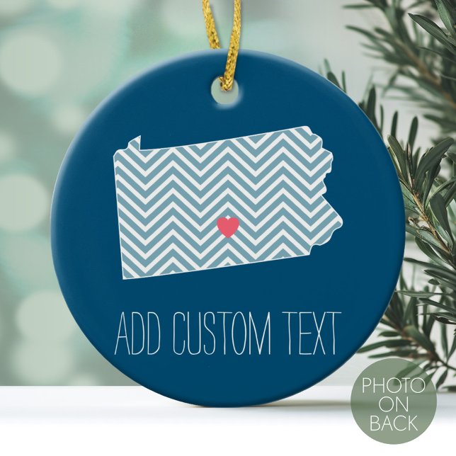 Pennsylvanistaten Karta med Anpassningsbar Heart o Julgransprydnad Keramik (Personalized Photo Ornament)