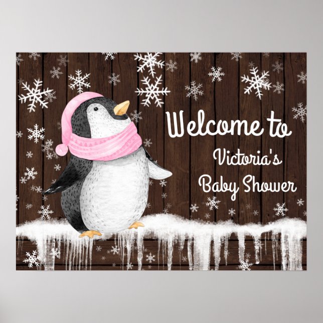 Penquin Snowflake Winter Baby Shower-skylt Poster (Framsidan)