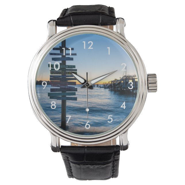 Pensacola Bay-skylt Solnedgång av Dock Wrist Watch Armbandsur (Framsida)