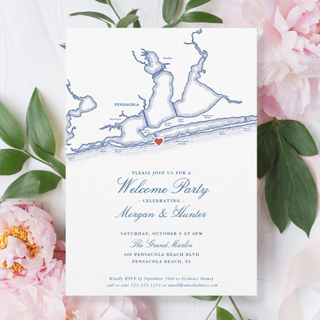 Pensacola Beach FL Elegant bröllop Välkommen Party Inbjudningar (Pensacola Beach Wedding Welcome Party Invitations with elegant navy blue map by Coastal Map Designs)