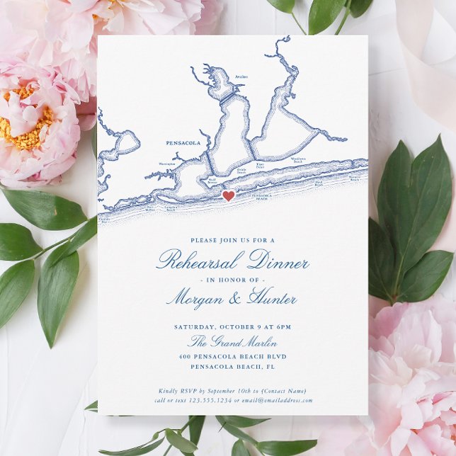 Pensacola Beach FL Elegant Rehearsal Dinner Inbjudningar (Pensacola Beach Wedding Rehearsal Dinner Invitations by Coastal Map Designs)