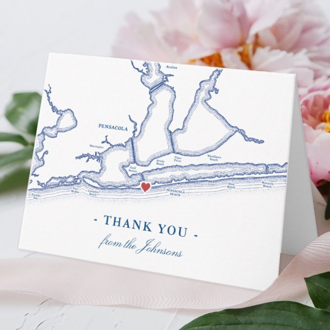 Pensacola Beach FL Karta Bröllop Personlig Tack Kort (Pensacola Beach FL personalized thank you notes for your elegant navy blue wedding)