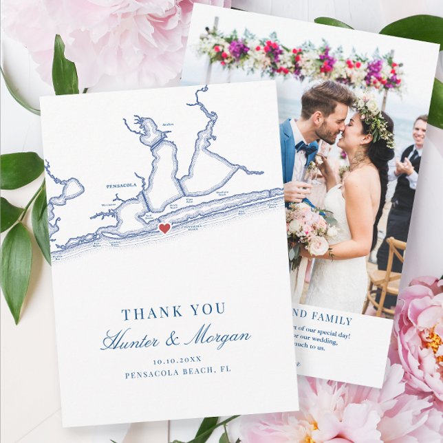 Pensacola Beach Florida Karta och Bröllop Photo Tack Kort (Pensacola Beach Florida map navy blue wedding thank you cards with photo by Coastal Map Designs)
