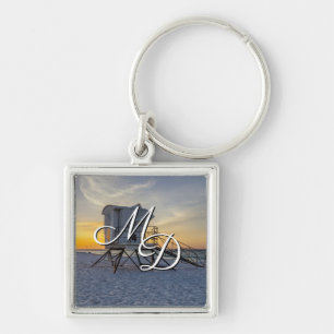 Pensacola Beach Lifeguard Station Sunrise Keychain Fyrkantig Silverfärgad Nyckelring
