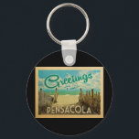 Pensacola Beach Vintage resor Nyckelring<br><div class="desc">I Hälsning från Pensacola-vintagens vykort finns en sandstrand med vackra turkoshavet vatten och över havet,  ett blå himmel med gigantiska vita moln. I vintage resor stil.</div>
