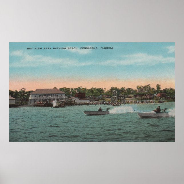 Pensacola, FL - Bay View of Beach w/ Speed Poster (Framsidan)