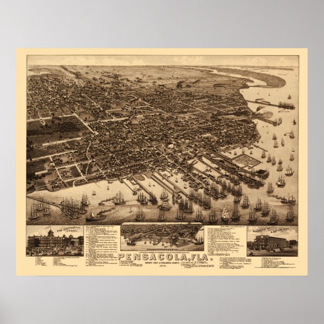 Pensacola, FL Panoramic Karta - 1885 Poster (Framsidan)