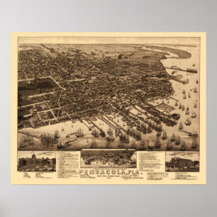 Pensacola panorama- karta för FL - 1885 Poster