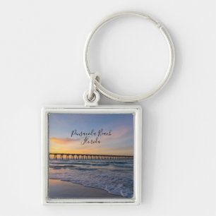 Pensacola Pier Shoreline Sunrise Keychain Souvenir Fyrkantig Silverfärgad Nyckelring