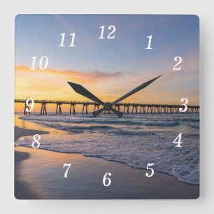 Pensacola Pier Shoreline Sunrise Wall Clock Fyrkantig Klocka