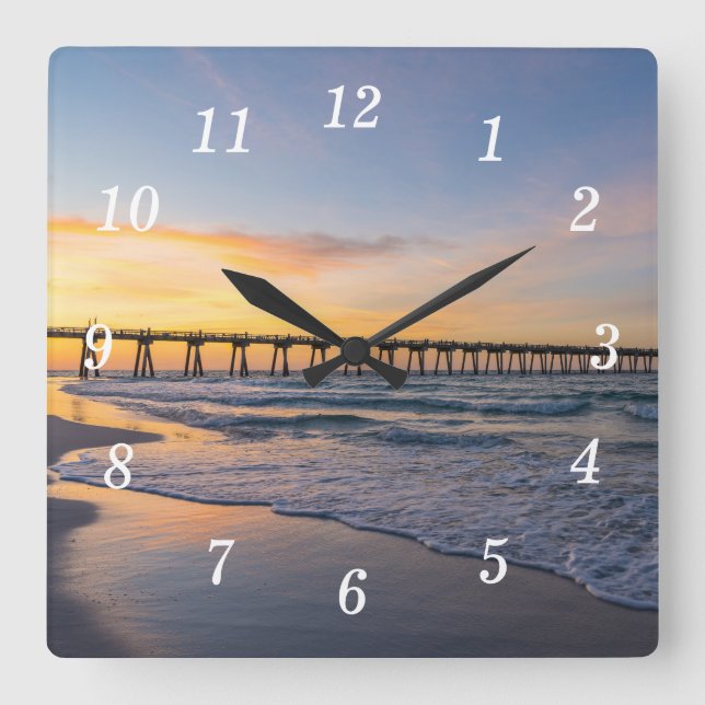 Pensacola Pier Shoreline Sunrise Wall Clock Fyrkantig Klocka (Framsida)