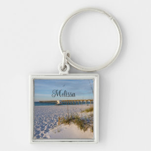 Pensacola Sand Dunes Pier Morgon Keychain Fyrkantig Silverfärgad Nyckelring