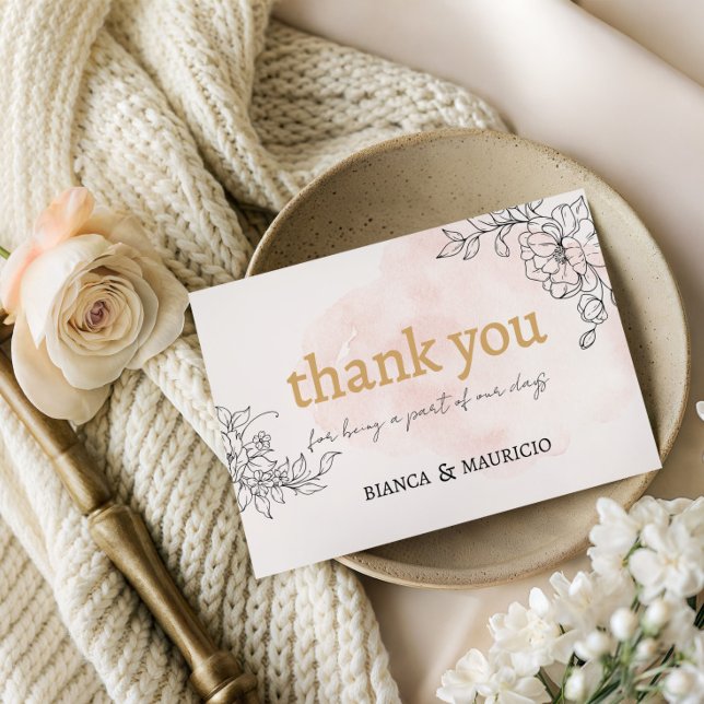  pensel med Tacken Svart Blommigt Anteckningskort (Blush Brushstroke with Black Floral Thank You Note Card)
