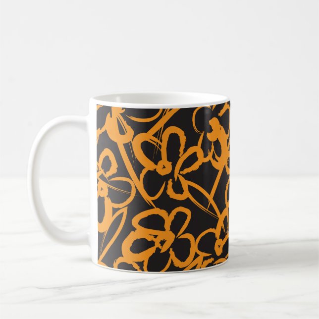 Penseldrag för Blommigt i orange med sömlös mönste Kaffemugg (Vänster)
