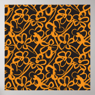 Penseldrag för Blommigt i orange med sömlös mönste Poster