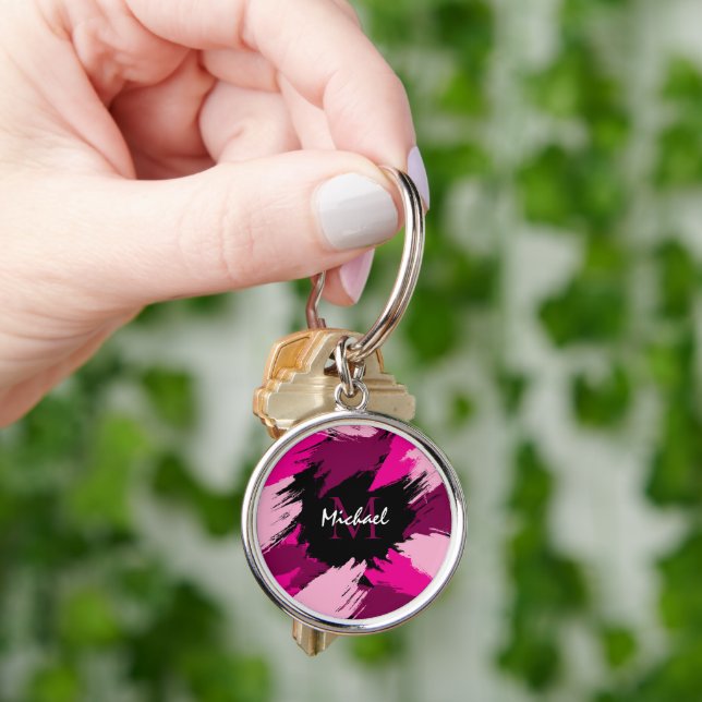 Penseldrag nyanser av het rosa namn med monogram rund silverfärgad nyckelring (Hand)