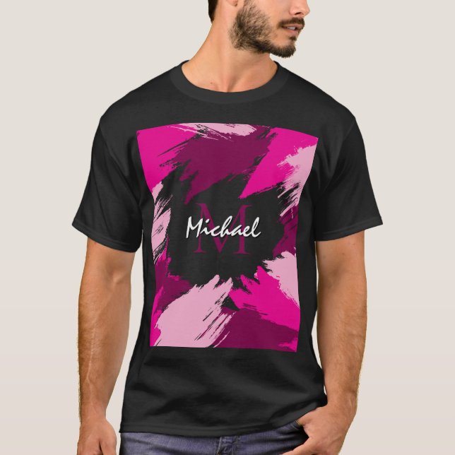 Penseldrag nyanser av varmröd namn med monogram t shirt (Framsida)