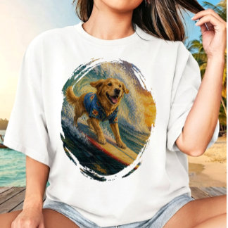 Penseldrag Surfing Golden Retriever på Hawaii T Shirt