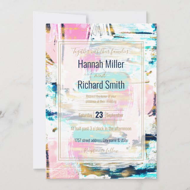 Penselmålning för blå Rosa och Guld Inbjudningar (Framsida)