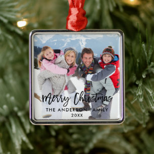 Penselskrift Familjefoto God Jul Kvadrat Julgransprydnad Metall