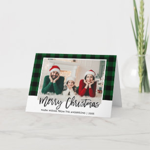 Penselskrift Grön Rutig Familjefoto Jul Helgkort
