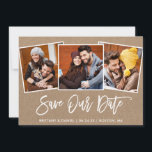 Penselskript 3 Photo Spara vår Date Kraft Card Spara Datumet<br><div class="desc">Modern Spara för skräp med skräp 3-foto i penselskript - meddelande om Förlovning i Kraft-kort</div>
