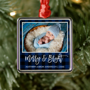 Penselskript Blått Play Merry och Bright Baby Julgransprydnad Metall