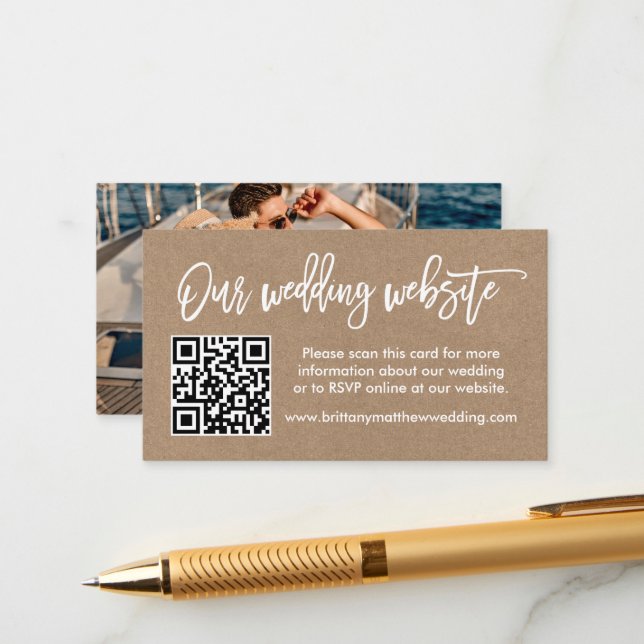 Penselskript Bröllop webbplats QR Photo Kraft Tilläggskort (Fram/Back In Situ)