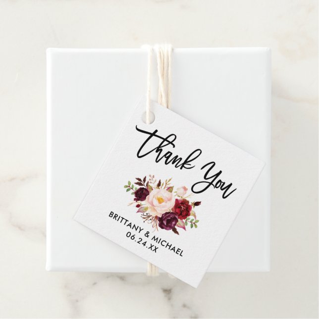 Penselskript Burgundy Blommigt Bröllop Tack Gåvor Etiketter (På plats)